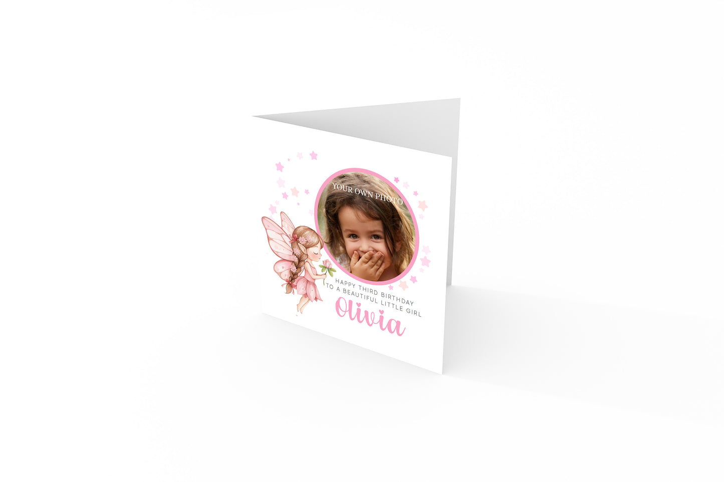 Personalised Photo 3 Years Old 3rd Birthday Card for Toddler Girl – Pink Fairy Design with Custom Photo & Name - Age 3 Year Old Birthday Card for Daughter, Granddaughter, Niece with Pink Envelope