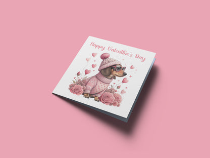 Cute Sausage Dog Valentine’s Day Card  – Sweet Dachshund Design for Dog Lovers, Pet Owners, Wife, Husband, Boyfriend, Girlfriend, Fiance, Fiancee - for Him or Her - Pink Envelope Included