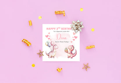 3 Years Old 3rd Birthday Card for Toddler Girl – Cute Dinosaur Design - Age 3 Year Old Magical Birthday Card for Little Girls, Daughter, Granddaughter, Niece - Pink Envelope Included