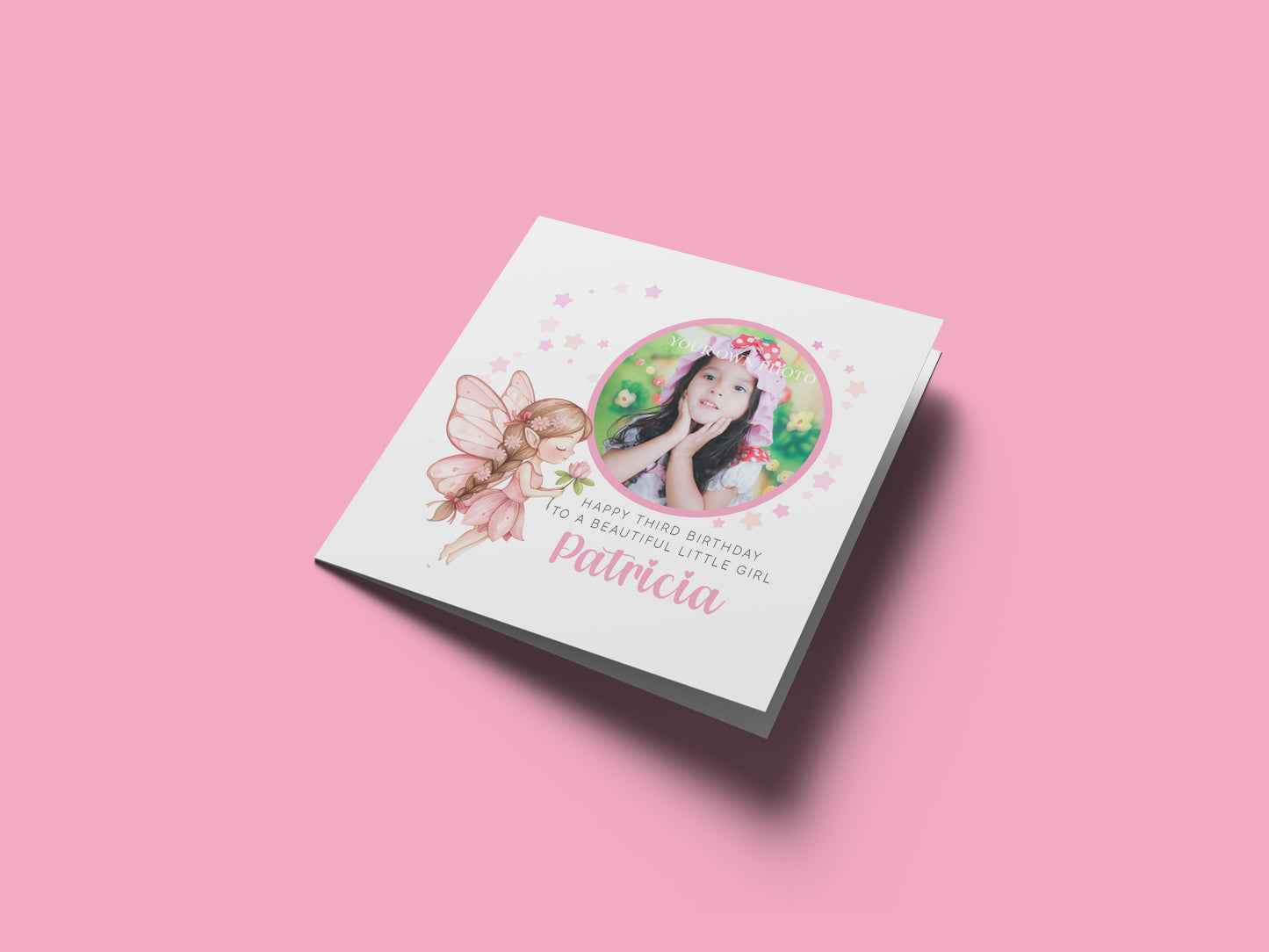 Personalised Photo 3 Years Old 3rd Birthday Card for Toddler Girl – Pink Fairy Design with Custom Photo & Name - Age 3 Year Old Birthday Card for Daughter, Granddaughter, Niece with Pink Envelope