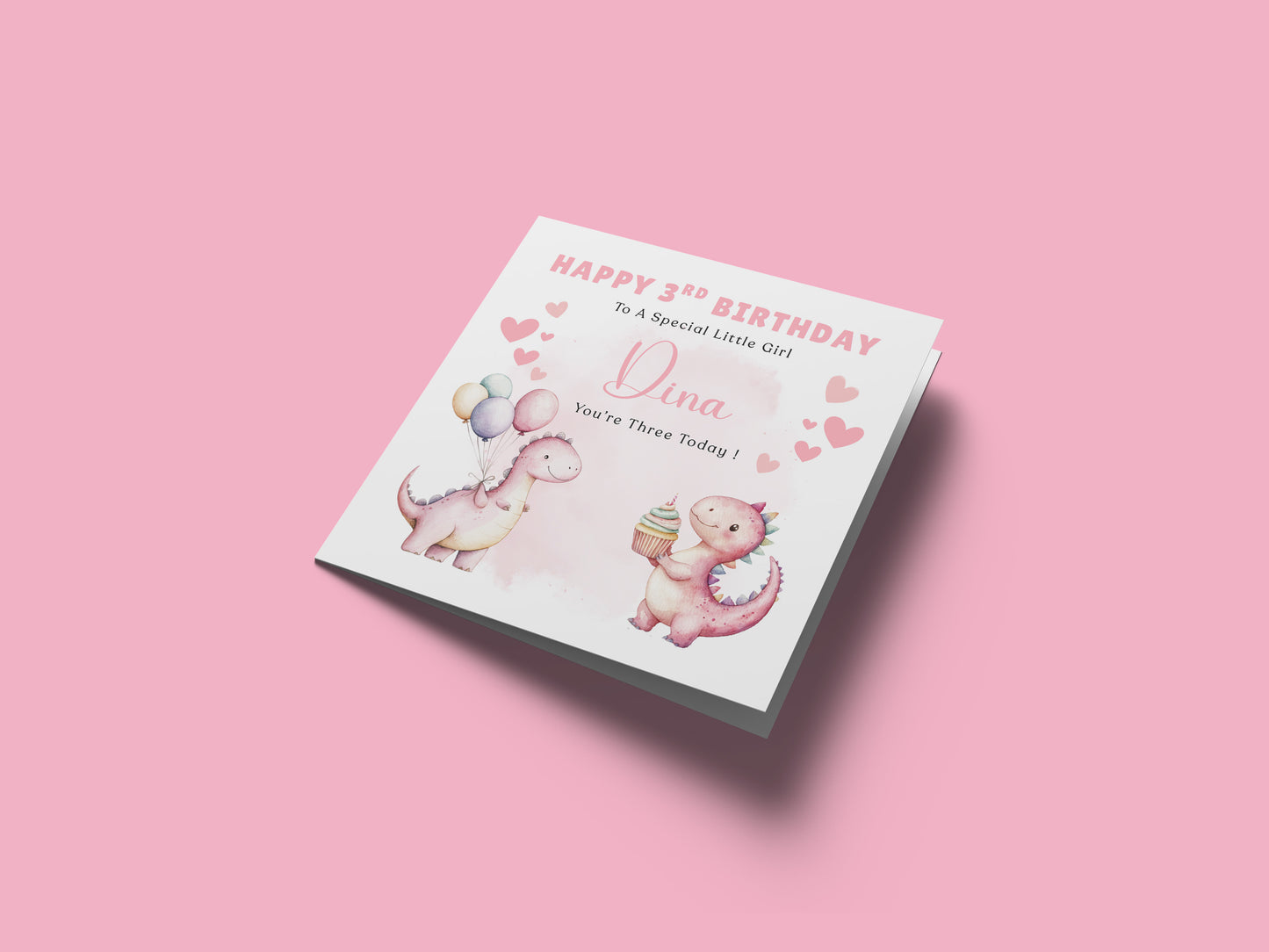 3 Years Old 3rd Birthday Card for Toddler Girl – Cute Dinosaur Design - Age 3 Year Old Magical Birthday Card for Little Girls, Daughter, Granddaughter, Niece - Pink Envelope Included