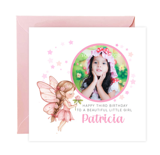 Personalised Photo 3 Years Old 3rd Birthday Card for Toddler Girl – Pink Fairy Design with Custom Photo & Name - Age 3 Year Old Birthday Card for Daughter, Granddaughter, Niece with Pink Envelope