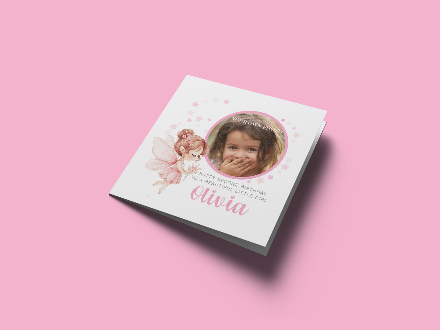 Personalised Photo 2 Years Old 2nd Birthday Card for Toddler Girl – Pink Fairy Design with Custom Photo, Name & Message- Age 2 Birthday Card for Daughter, Granddaughter, Niece with Pink Envelope