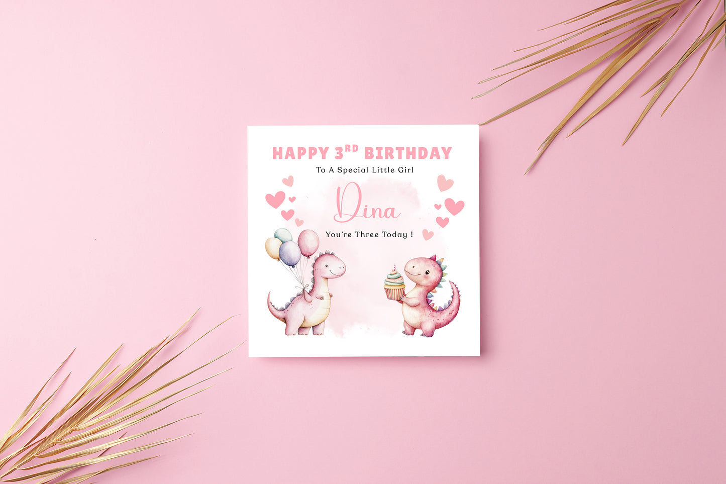 3 Years Old 3rd Birthday Card for Toddler Girl – Cute Dinosaur Design - Age 3 Year Old Magical Birthday Card for Little Girls, Daughter, Granddaughter, Niece - Pink Envelope Included