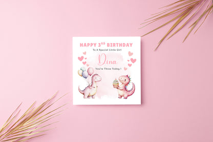 3 Years Old 3rd Birthday Card for Toddler Girl – Cute Dinosaur Design - Age 3 Year Old Magical Birthday Card for Little Girls, Daughter, Granddaughter, Niece - Pink Envelope Included