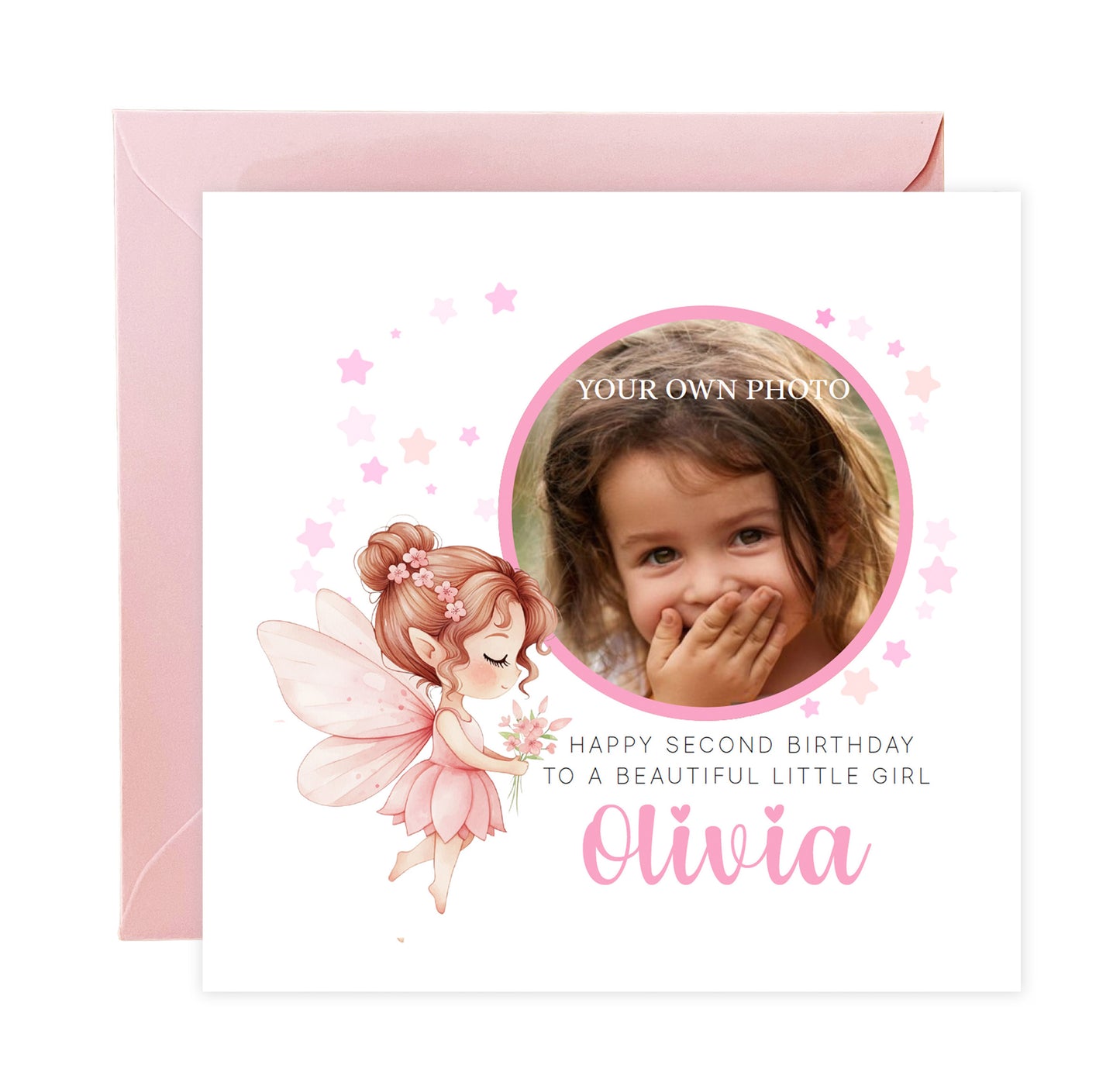 Personalised Photo 2 Years Old 2nd Birthday Card for Toddler Girl – Pink Fairy Design with Custom Photo, Name & Message- Age 2 Birthday Card for Daughter, Granddaughter, Niece with Pink Envelope