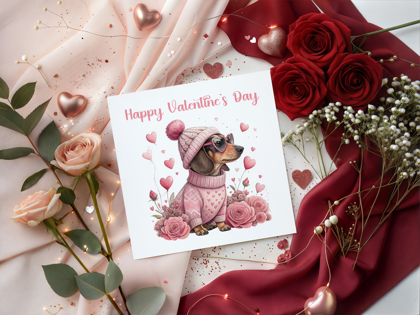 Cute Sausage Dog Valentine’s Day Card  – Sweet Dachshund Design for Dog Lovers, Pet Owners, Wife, Husband, Boyfriend, Girlfriend, Fiance, Fiancee - for Him or Her - Pink Envelope Included