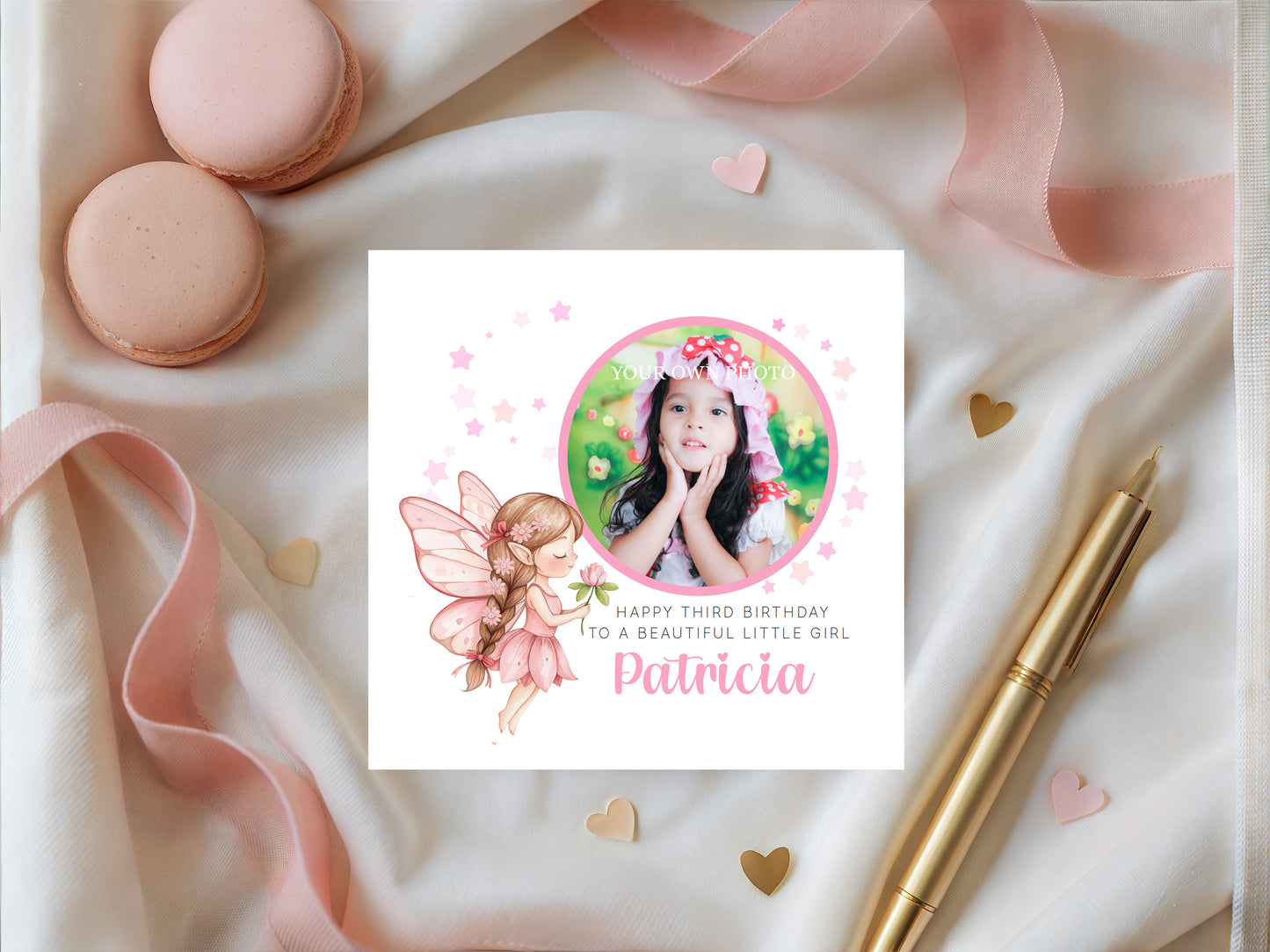 Personalised Photo 3 Years Old 3rd Birthday Card for Toddler Girl – Pink Fairy Design with Custom Photo & Name - Age 3 Year Old Birthday Card for Daughter, Granddaughter, Niece with Pink Envelope
