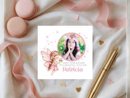 Personalised Photo 3 Years Old 3rd Birthday Card for Toddler Girl – Pink Fairy Design with Custom Photo & Name - Age 3 Year Old Birthday Card for Daughter, Granddaughter, Niece with Pink Envelope