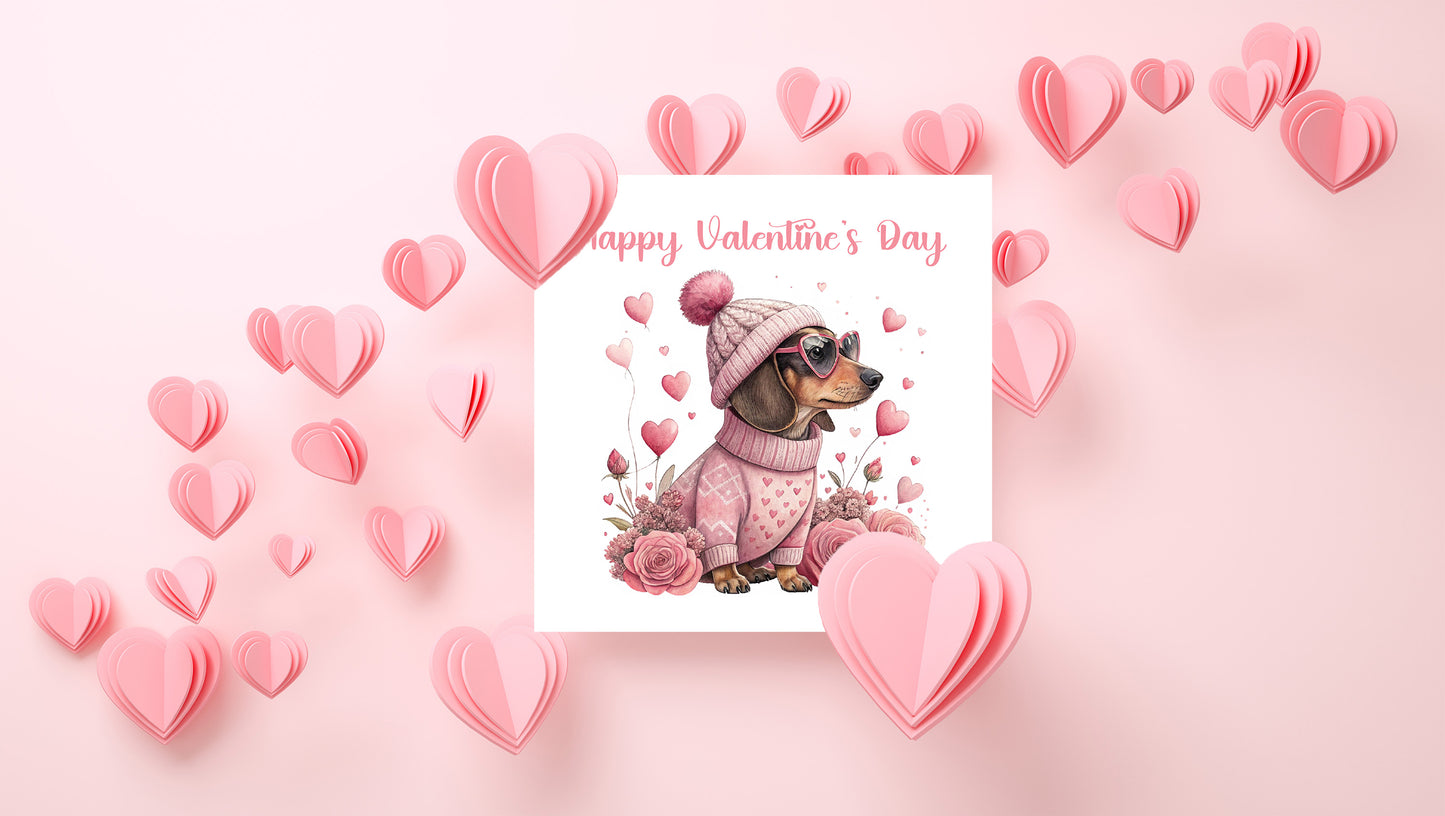 Cute Sausage Dog Valentine’s Day Card  – Sweet Dachshund Design for Dog Lovers, Pet Owners, Wife, Husband, Boyfriend, Girlfriend, Fiance, Fiancee - for Him or Her - Pink Envelope Included