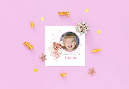 Personalised Photo 2 Years Old 2nd Birthday Card for Toddler Girl – Pink Fairy Design with Custom Photo, Name & Message- Age 2 Birthday Card for Daughter, Granddaughter, Niece with Pink Envelope