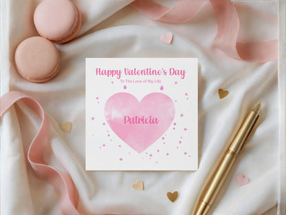 Personalised Happy Valentine’s Day Card with Elegant Pink Heart Design for Loved Ones, Wife,  Girlfriend, Fiancee, Partner - with Custom Name & Message just for Her - Pink Envelope Included