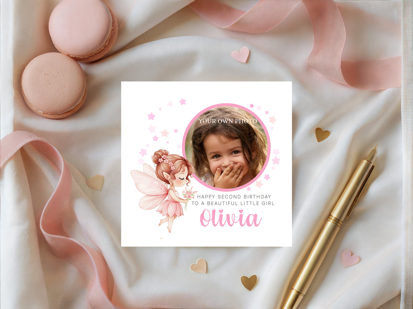 Personalised Photo 2 Years Old 2nd Birthday Card for Toddler Girl – Pink Fairy Design with Custom Photo, Name & Message- Age 2 Birthday Card for Daughter, Granddaughter, Niece with Pink Envelope