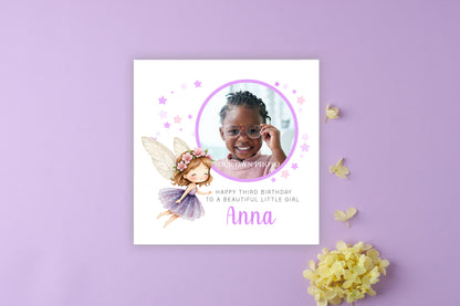 Personalised Photo 3 Years Old 3rd Birthday Card for Toddler Girl – Fairy Design with Custom Photo & Name - Age 3 Year Old Birthday Card for Daughter, Granddaughter, Niece with Purple Envelope