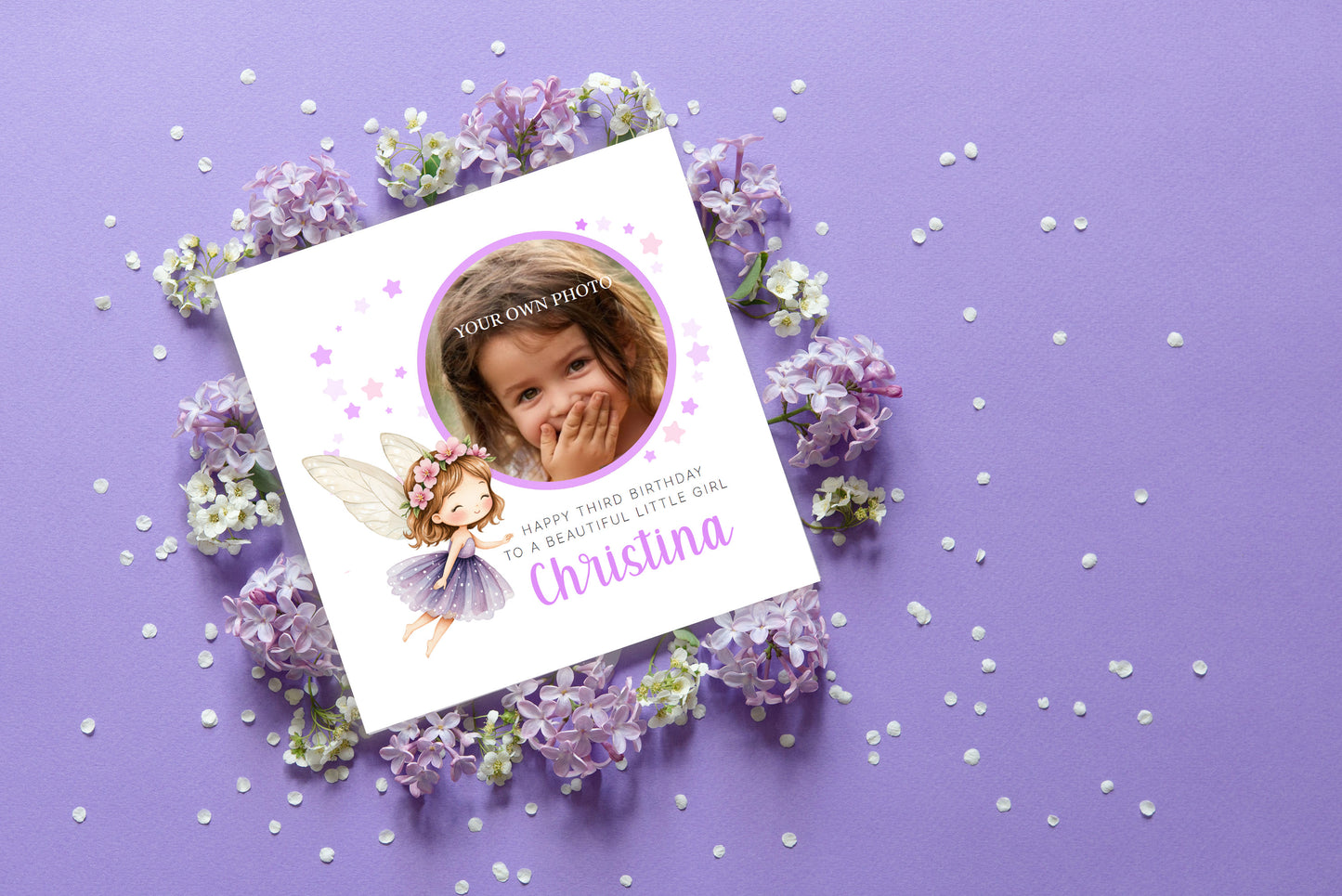 Personalised Photo 3 Years Old 3rd Birthday Card for Toddler Girl – Fairy Design with Custom Photo & Name - Age 3 Year Old Birthday Card for Daughter, Granddaughter, Niece with Purple Envelope