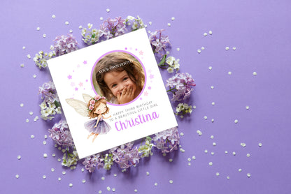 Personalised Photo 3 Years Old 3rd Birthday Card for Toddler Girl – Fairy Design with Custom Photo & Name - Age 3 Year Old Birthday Card for Daughter, Granddaughter, Niece with Purple Envelope