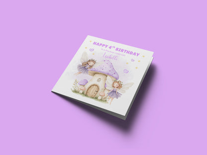Personalised 4th Birthday Card for Girls – Fairy Design with Custom Name and Message – Age 4 Years Old Birthday Card for Girls, Kids, Daughter, Granddaughter, Niece – Purple Envelope Included
