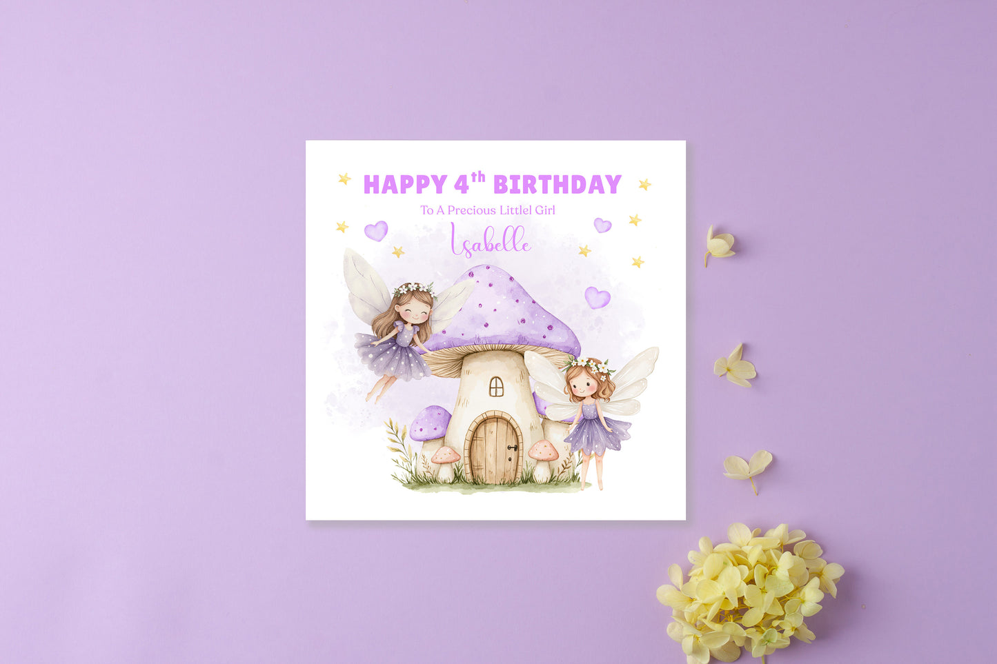 Personalised 4th Birthday Card for Girls – Fairy Design with Custom Name and Message – Age 4 Years Old Birthday Card for Girls, Kids, Daughter, Granddaughter, Niece – Purple Envelope Included