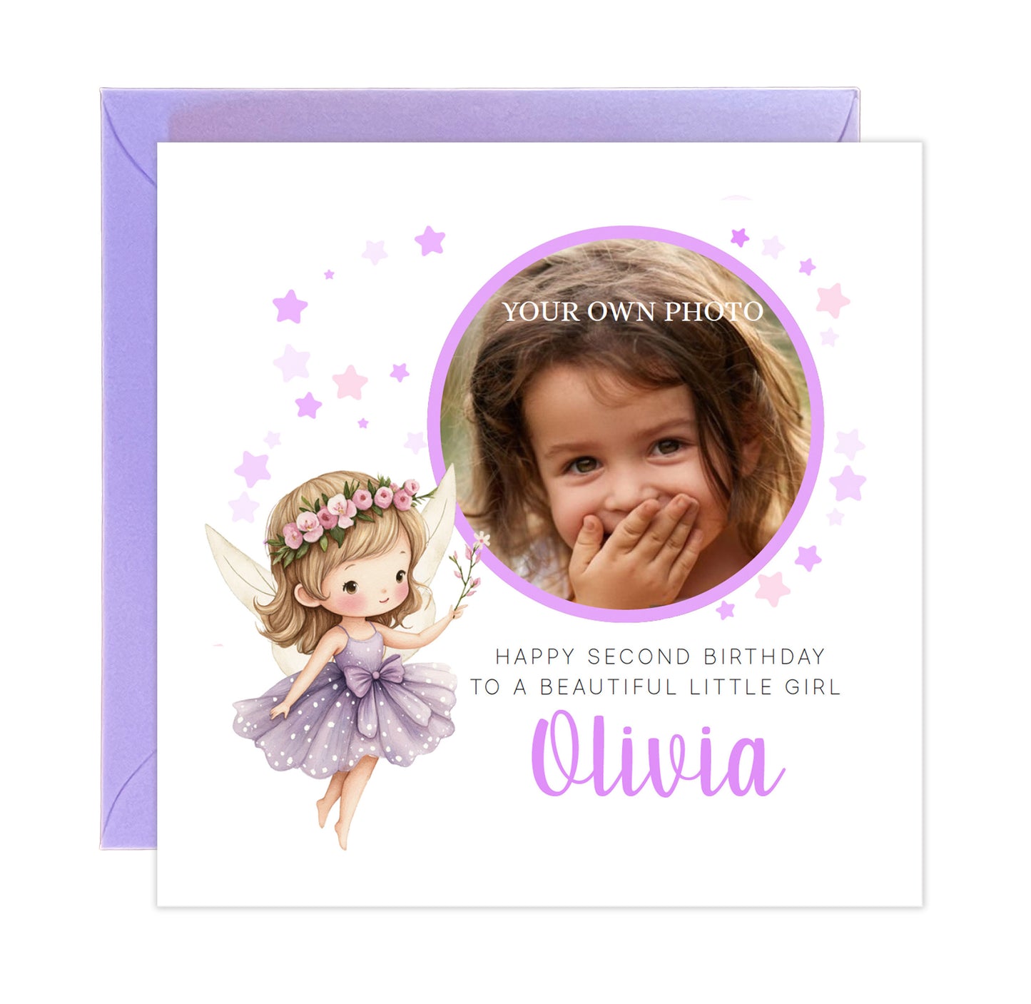 Personalised Photo 2 Years Old 2nd Birthday Card for Toddler Girl – Fairy Design with Custom Photo, Name & Message- Age 2 Year Old Birthday Card for Daughter, Granddaughter, Niece with Purple Envelope