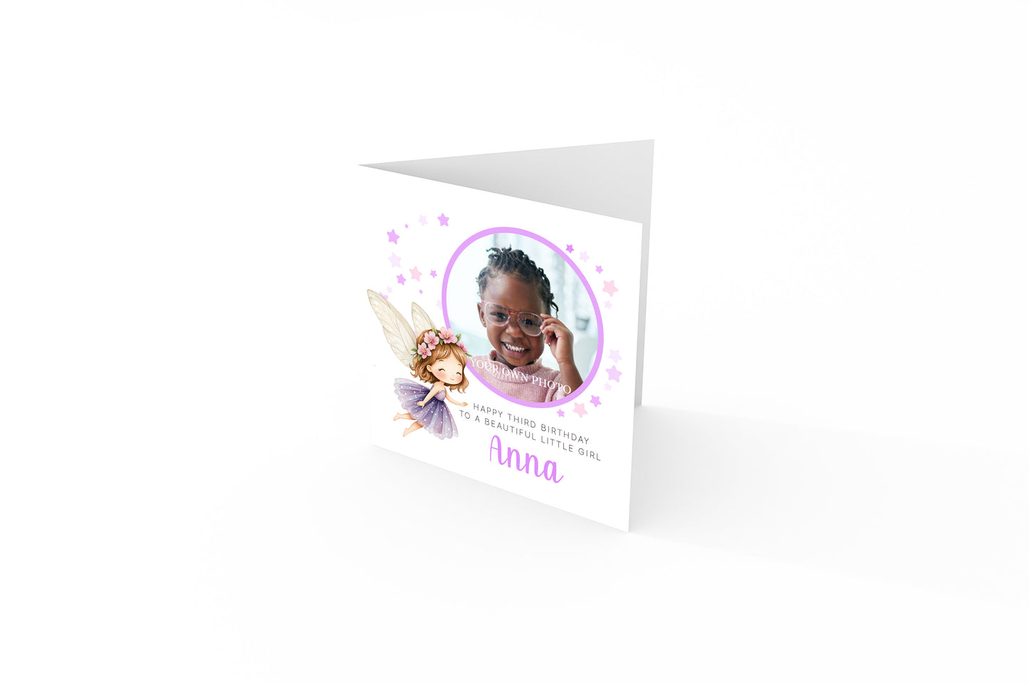 Personalised Photo 3 Years Old 3rd Birthday Card for Toddler Girl – Fairy Design with Custom Photo & Name - Age 3 Year Old Birthday Card for Daughter, Granddaughter, Niece with Purple Envelope
