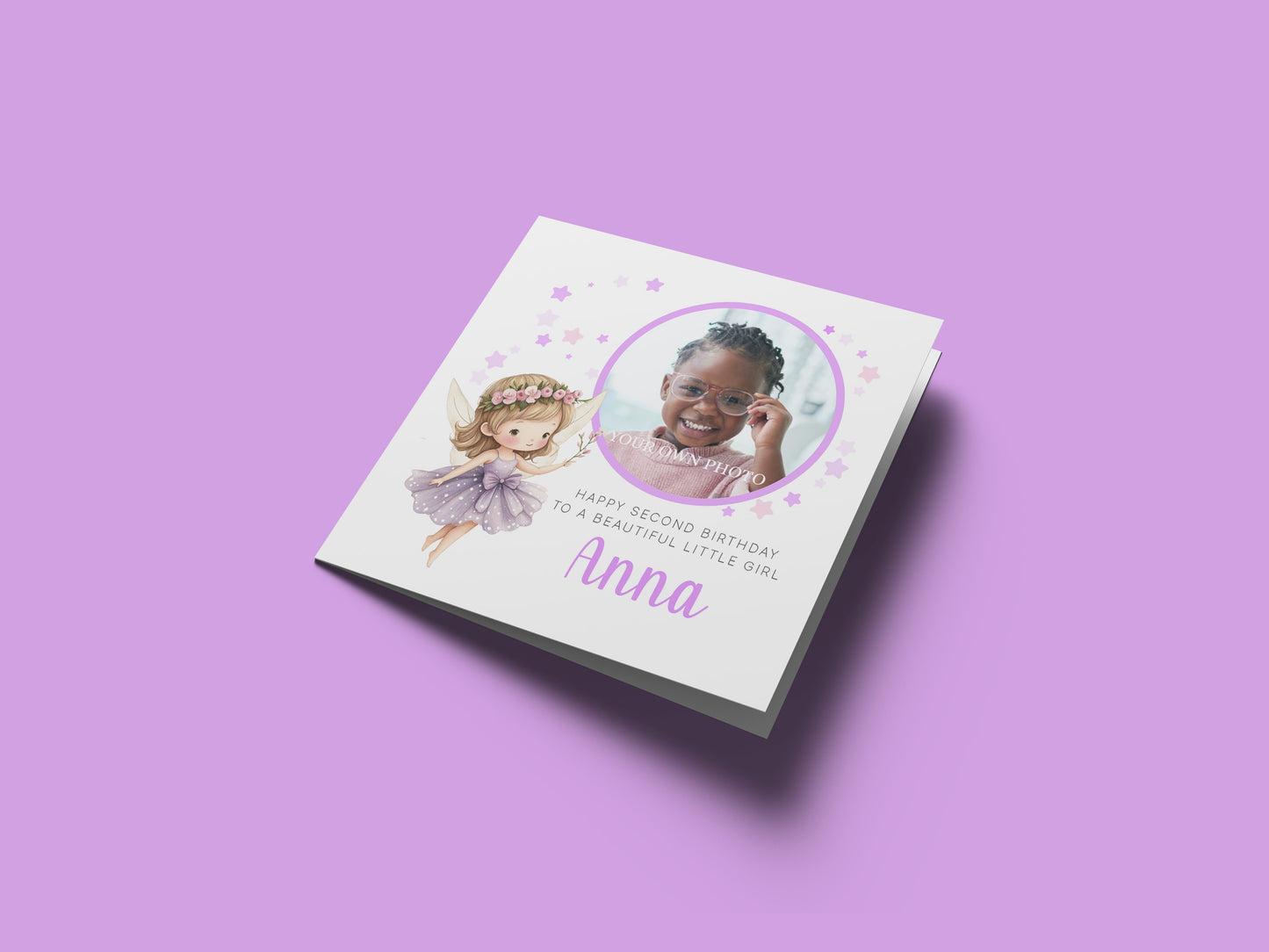 Personalised Photo 2 Years Old 2nd Birthday Card for Toddler Girl – Fairy Design with Custom Photo, Name & Message- Age 2 Year Old Birthday Card for Daughter, Granddaughter, Niece with Purple Envelope