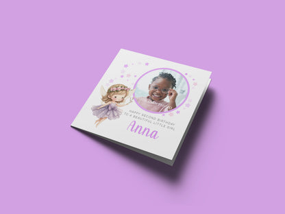 Personalised Photo 2 Years Old 2nd Birthday Card for Toddler Girl – Fairy Design with Custom Photo, Name & Message- Age 2 Year Old Birthday Card for Daughter, Granddaughter, Niece with Purple Envelope