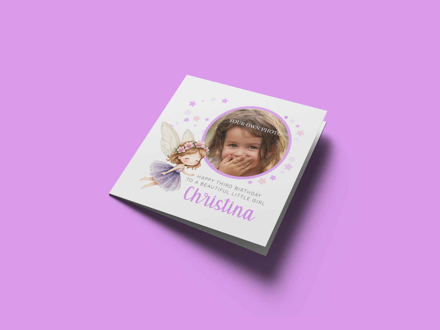 Personalised Photo 3 Years Old 3rd Birthday Card for Toddler Girl – Fairy Design with Custom Photo & Name - Age 3 Year Old Birthday Card for Daughter, Granddaughter, Niece with Purple Envelope