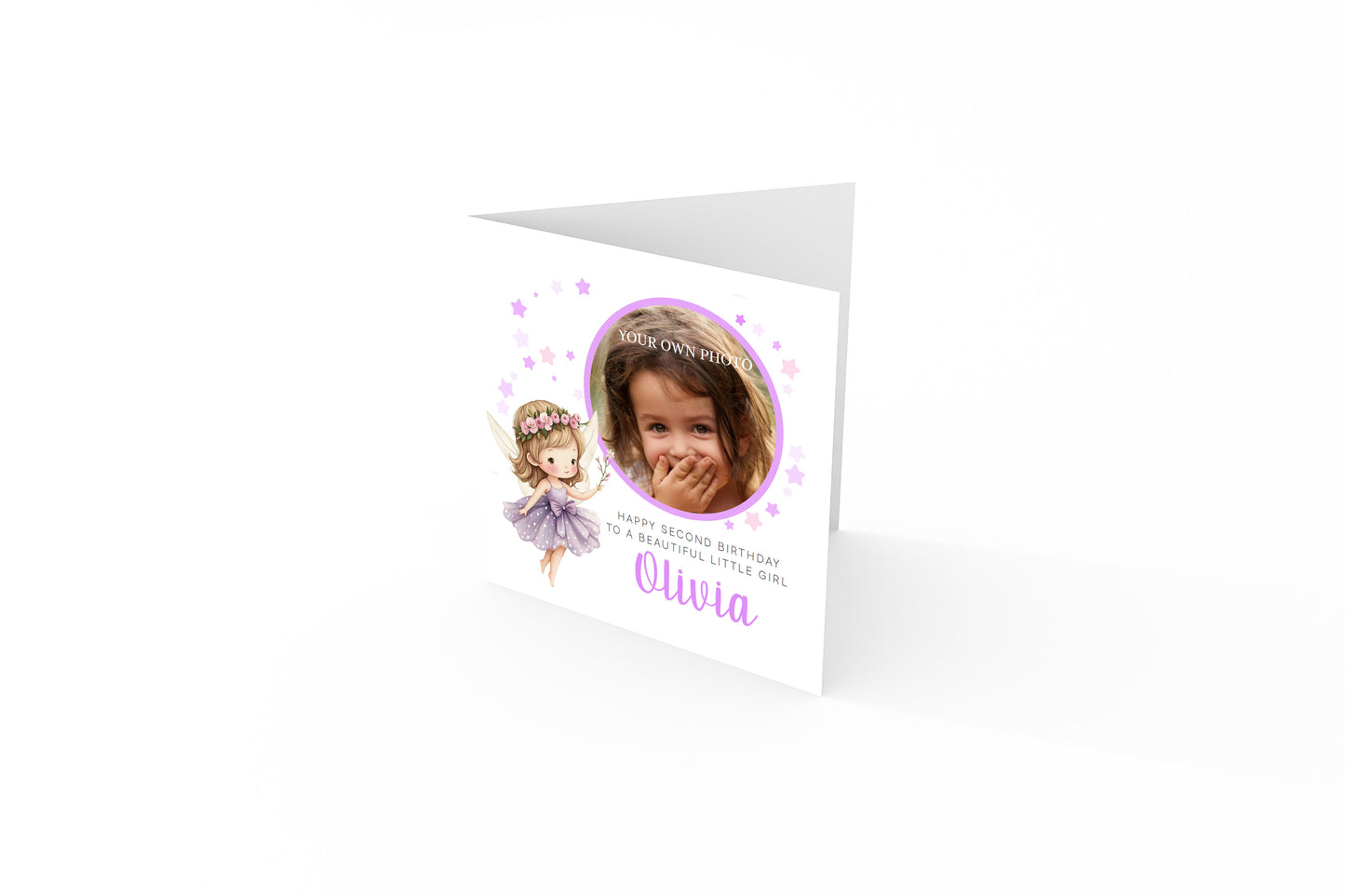 Personalised Photo 2 Years Old 2nd Birthday Card for Toddler Girl – Fairy Design with Custom Photo, Name & Message- Age 2 Year Old Birthday Card for Daughter, Granddaughter, Niece with Purple Envelope