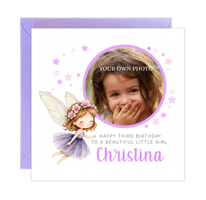 Personalised Photo 3 Years Old 3rd Birthday Card for Toddler Girl – Fairy Design with Custom Photo & Name - Age 3 Year Old Birthday Card for Daughter, Granddaughter, Niece with Purple Envelope