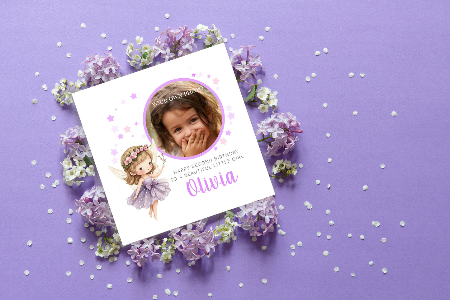 Personalised Photo 2 Years Old 2nd Birthday Card for Toddler Girl – Fairy Design with Custom Photo, Name & Message- Age 2 Year Old Birthday Card for Daughter, Granddaughter, Niece with Purple Envelope
