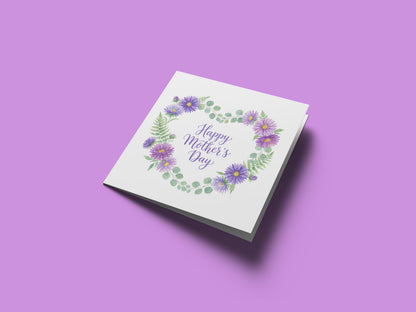 Purple Floral Wreath Happy Mother’s Day Card with Elegant "Happy Mother’s Day" Message for Mother, Mother To Be, Step-Mum, Grandma, Wife from Son or Daughter - Purple Envelope Included