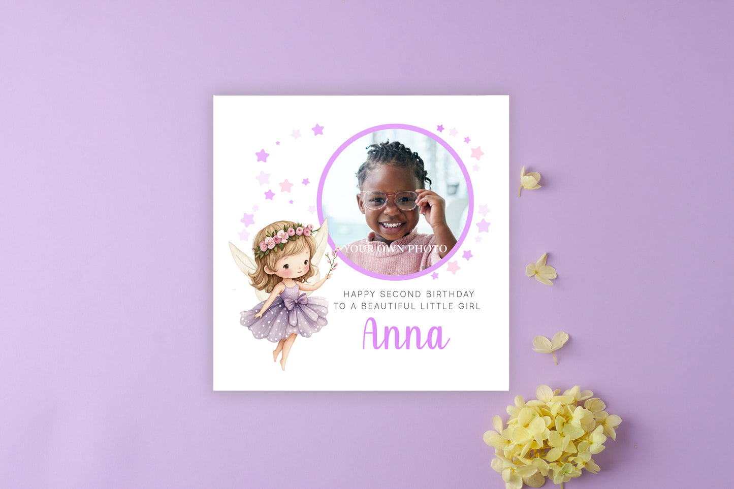 Personalised Photo 2 Years Old 2nd Birthday Card for Toddler Girl – Fairy Design with Custom Photo, Name & Message- Age 2 Year Old Birthday Card for Daughter, Granddaughter, Niece with Purple Envelope