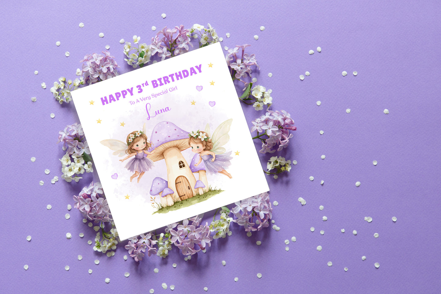 Personalised 3 Years Old 3rd Birthday Card for Toddler Girl – Purple Fairy Design with Custom Name & Message - Age 3 Year Old Birthday Card for Girls, Daughter, Granddaughter, Niece with Purple Envelope