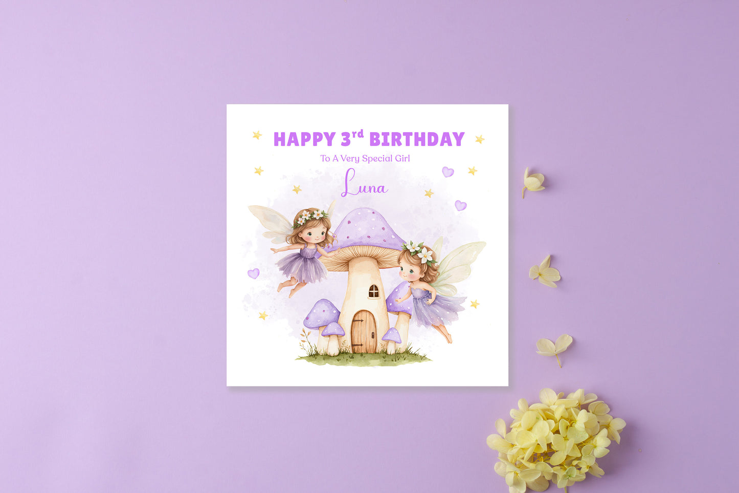 Personalised 3 Years Old 3rd Birthday Card for Toddler Girl – Purple Fairy Design with Custom Name & Message - Age 3 Year Old Birthday Card for Girls, Daughter, Granddaughter, Niece with Purple Envelope