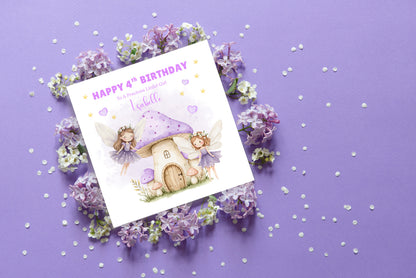Personalised 4th Birthday Card for Girls – Fairy Design with Custom Name and Message – Age 4 Years Old Birthday Card for Girls, Kids, Daughter, Granddaughter, Niece – Purple Envelope Included