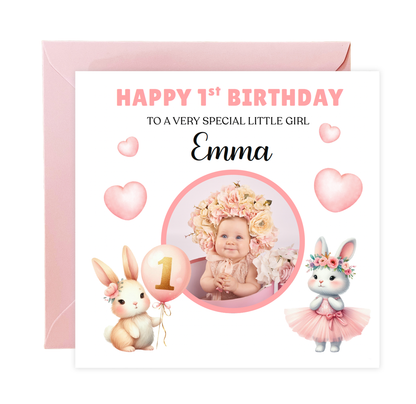 Personalised Photo 1st Birthday Card for Baby Girl – Cute Rabbit Design with Custom Photo, Name and Message– One Year Old First Birthday Card for Daughter,Granddaughter, Niece – Pink Envelope Included