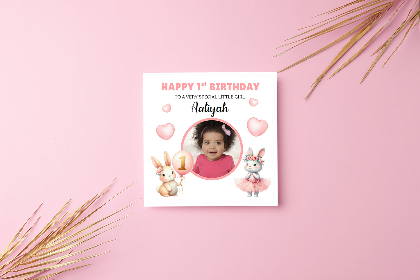 Personalised Photo 1st Birthday Card for Baby Girl – Cute Rabbit Design with Custom Photo, Name and Message– One Year Old First Birthday Card for Daughter,Granddaughter, Niece – Pink Envelope Included