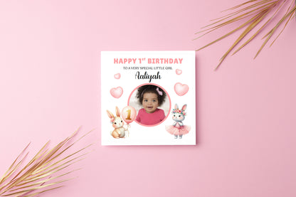 Personalised Photo 1st Birthday Card for Baby Girl – Cute Rabbit Design with Custom Photo, Name and Message– One Year Old First Birthday Card for Daughter,Granddaughter, Niece – Pink Envelope Included