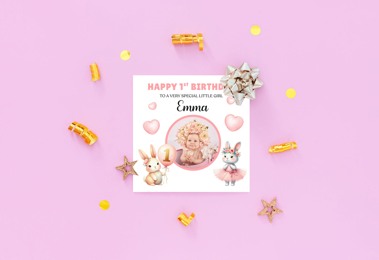 Personalised Photo 1st Birthday Card for Baby Girl – Cute Rabbit Design with Custom Photo, Name and Message– One Year Old First Birthday Card for Daughter,Granddaughter, Niece – Pink Envelope Included