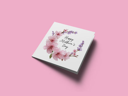 Elegant Sakura Happy Mother’s Day Card with Cherry Blossom & Lavenders for Mother, Mother To Be, Step-Mum, Grandma, Wife from Son or Daughter - Pink Envelope Included