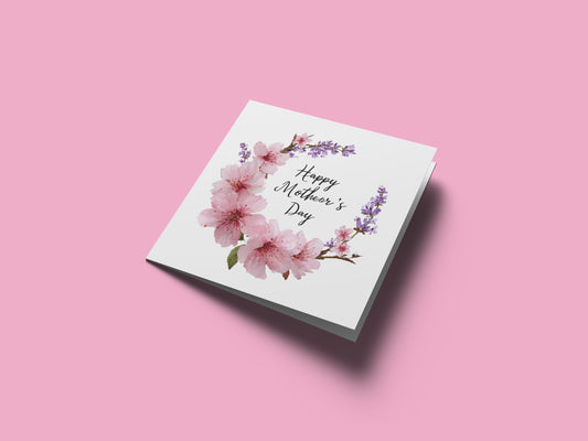 Elegant Sakura Happy Mother’s Day Card with Cherry Blossom & Lavenders for Mother, Mother To Be, Step-Mum, Grandma, Wife from Son or Daughter - Pink Envelope Included