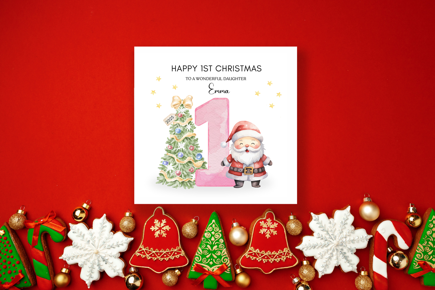 Personalised 1st Christmas Card for Baby Girl– Cute Santa and Xmas Tree Design with Customised Name and Message, Watercolor First Xmas Card for Daughter, GrandDaughter, Niece - Pink Envelope Included