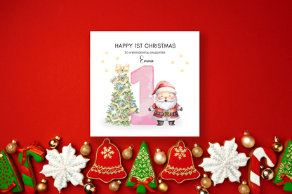 Personalised 1st Christmas Card for Baby Girl– Cute Santa and Xmas Tree Design with Customised Name and Message, Watercolor First Xmas Card for Daughter, GrandDaughter, Niece - Pink Envelope Included