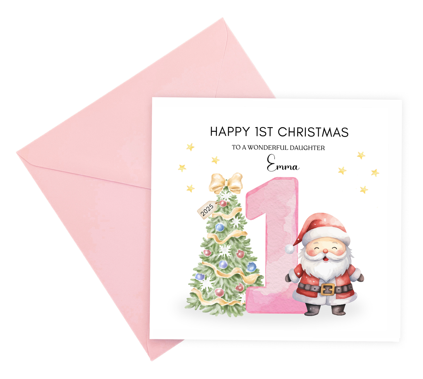 Personalised 1st Christmas Card for Baby Girl– Cute Santa and Xmas Tree Design with Customised Name and Message, Watercolor First Xmas Card for Daughter, GrandDaughter, Niece - Pink Envelope Included