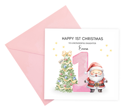 Personalised 1st Christmas Card for Baby Girl– Cute Santa and Xmas Tree Design with Customised Name and Message, Watercolor First Xmas Card for Daughter, GrandDaughter, Niece - Pink Envelope Included