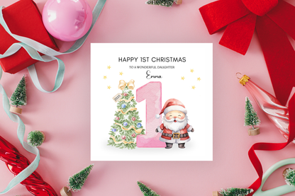 Personalised 1st Christmas Card for Baby Girl– Cute Santa and Xmas Tree Design with Customised Name and Message, Watercolor First Xmas Card for Daughter, GrandDaughter, Niece - Pink Envelope Included