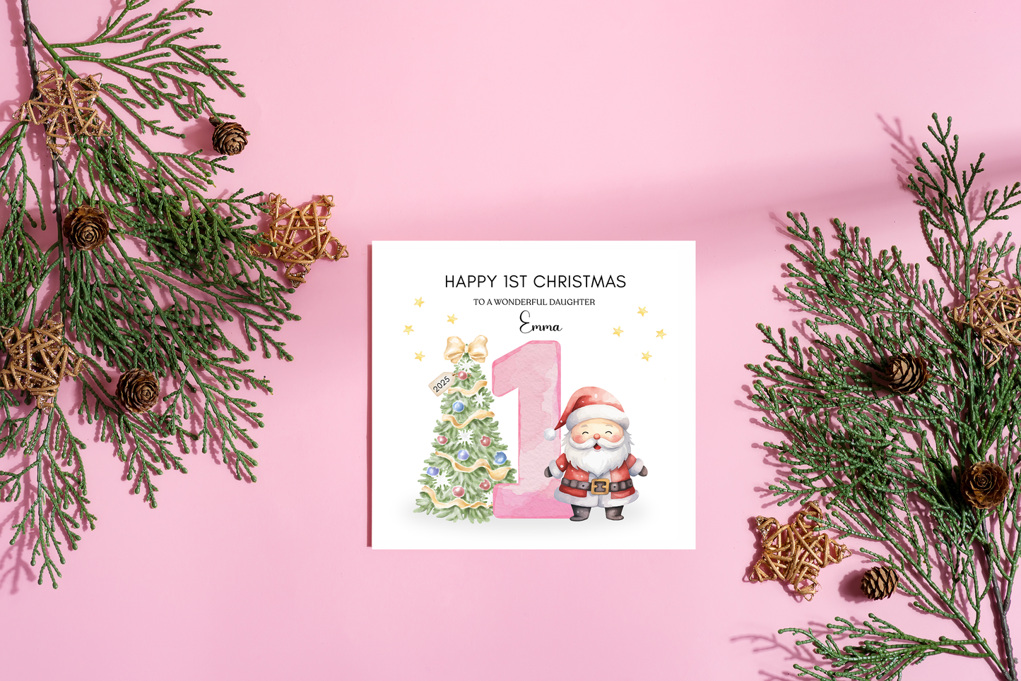 Personalised 1st Christmas Card for Baby Girl– Cute Santa and Xmas Tree Design with Customised Name and Message, Watercolor First Xmas Card for Daughter, GrandDaughter, Niece - Pink Envelope Included