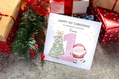Personalised 1st Christmas Card for Baby Girl– Cute Santa and Xmas Tree Design with Customised Name and Message, Watercolor First Xmas Card for Daughter, GrandDaughter, Niece - Pink Envelope Included