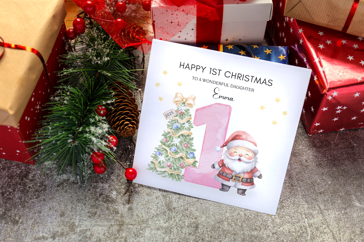 Personalised 1st Christmas Card for Baby Girl– Cute Santa and Xmas Tree Design with Customised Name and Message, Watercolor First Xmas Card for Daughter, GrandDaughter, Niece - Pink Envelope Included