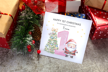 Personalised 1st Christmas Card for Baby Girl– Cute Santa and Xmas Tree Design with Customised Name and Message, Watercolor First Xmas Card for Daughter, GrandDaughter, Niece - Pink Envelope Included